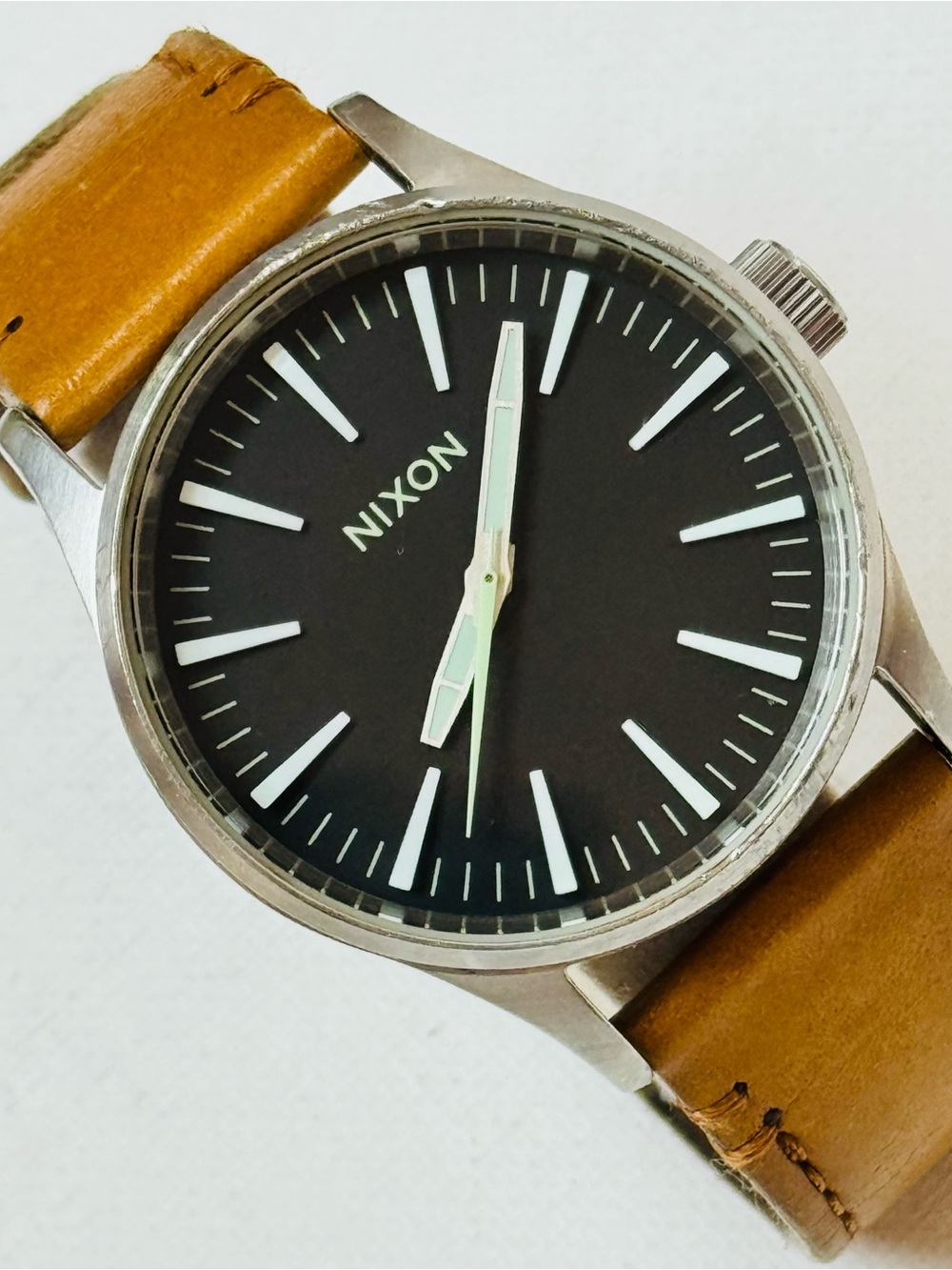 Nixon Sentry 38 38mm Men's Watch Silver Brown Leather Black Dial